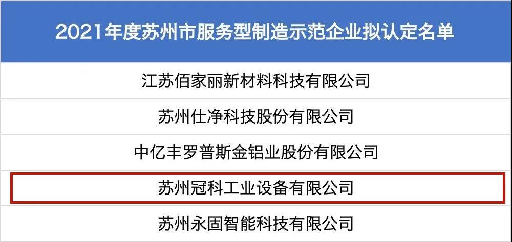 蘇州冠科工業(yè)設備有限公司獲評為“2021年度蘇州市服務型制造示范企業(yè)（總集成總承包）”